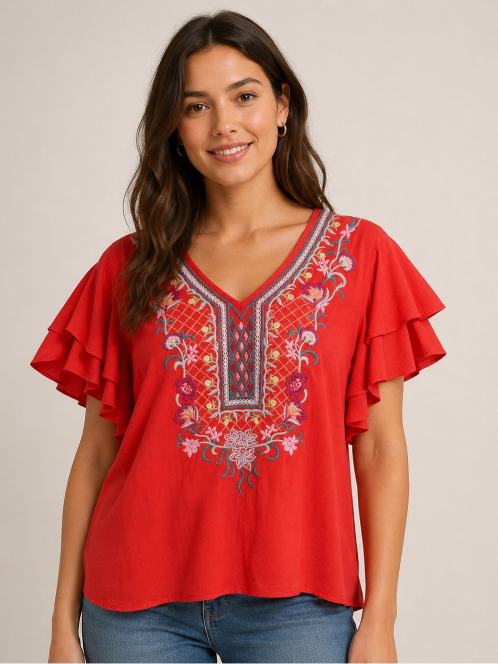 Solitaire Women’s Small Coral Red Floral Embroidered Ruffle Sleeve Boho Blouse